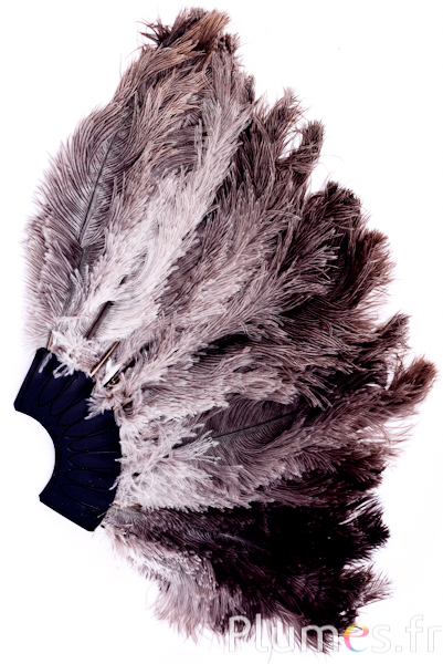 Éventail en plumes d’autruche - 20 plumes, cuir noir - gris naturel